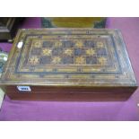 An Early XX Century Work Box, geometric inlay with three rows of seven flower heads within multi