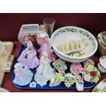 Three Coalport Figurines, one Royal Worcester Figurine, Portmeirion 'Botanic Garden' bowl, Goebel