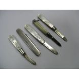 Three Silver Bladed Fruit Knives, having mother or pearl scales, a silver scaled knife, another by