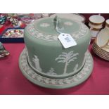 A Green Wedgwood Jasperware Circular Cheese Dish and Cover, with acorn leaf and classical