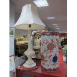 A Chinese Pottery Stick Stand, of cylinder form, 46.5cm high, an alabaster table lamp.