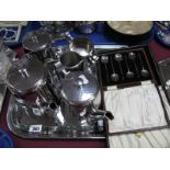 An Old Hall Stainless Steel Five Piece Teaset, each of planished finish, on matching tray;