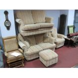 A Pair of Two Seater Settees, Single Arm Chair and Pouffe, upholstered in a peach and cream chenille