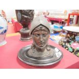 French Spelter Desk Inkwell, as a head of Joan of Arc, on ebonised oval base.