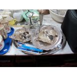 Plated Ware, including tureen, shell dish, tea strainers, butter dish on two plated trays.