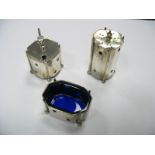 A Hallmarked Silver Three Piece Cruet Set, each of pierced design with blue glass liner. (3)