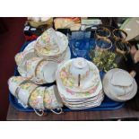 A Roslyn China 'Azalea' Part Tea Set, nine cups, nine saucers, eleven tea plates, two sandwich