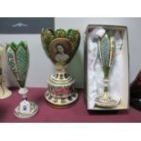 A XIX Century Bohemian Green Glass Three Piece Garniture Set, with floral hand painted panels, white