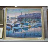 A Sylvia Molloy, (born Newcastle, 1914-2008) tranquil harbour scene with boats in foreground, oil on