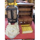 Two Miniature Wooden Dressers, carved jewel cabinet and hardwood wall mask.