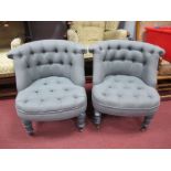 A Pair of XIX Century Style Bedroom Chairs, in a grey button back fabric with stud decoration on