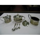 Three Hallmarked Silver Lidded Mustards, (one lid detached), and three spoons.