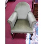 A 1930's Stained Beech Arm Bedroom Chair, with shell carved knees to cabriole legs, upholstered in a