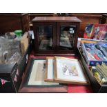 An Edwardian Smokers Cabinet, pair of watercolours and Mac terrier print. (4)