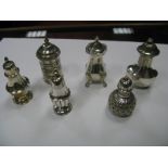 Six Assorted Hallmarked Silver Pepperettes, (varying makers/dates).