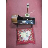 A XIX Century Mahogany Dolls Cradle, (damaged), XIX Century woolwork cushion, brass table lamp,