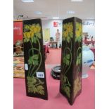 A Pair of Art Nouveau Wooden Vases, of triangular form, painted with stylised flowers.