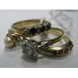A Modern 9ct Gold Single Stone Dress Ring, claw set; a 9ct gold pearl set ring, a claw set ring