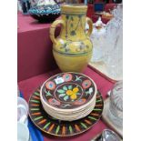 A XIX Century(?) Continental Terracotta Twin Handled Vase, with yellow ground, painted decoration;