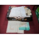 Early XX Century White Linen Tablecloths, doilies, etc:- One Box