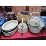 Seven T.G. Green Mixing Bowls, cooking pots and enamel 'Kockums, Sweden' teapot, etc.