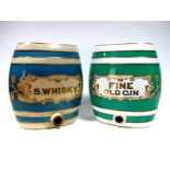 A Late XIX Century Pottery Barrel Inscribed "Fine Old Gin", within a gilt cartouche and green bands,