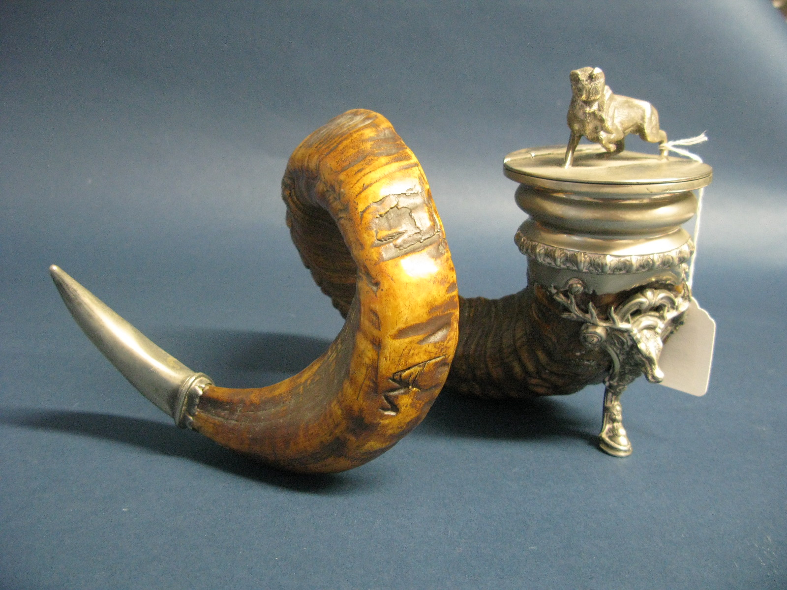 A Walker & Hall Plated Mounted Ram's Horn Snuff Mull, overall height 18cms. - Image 8 of 12