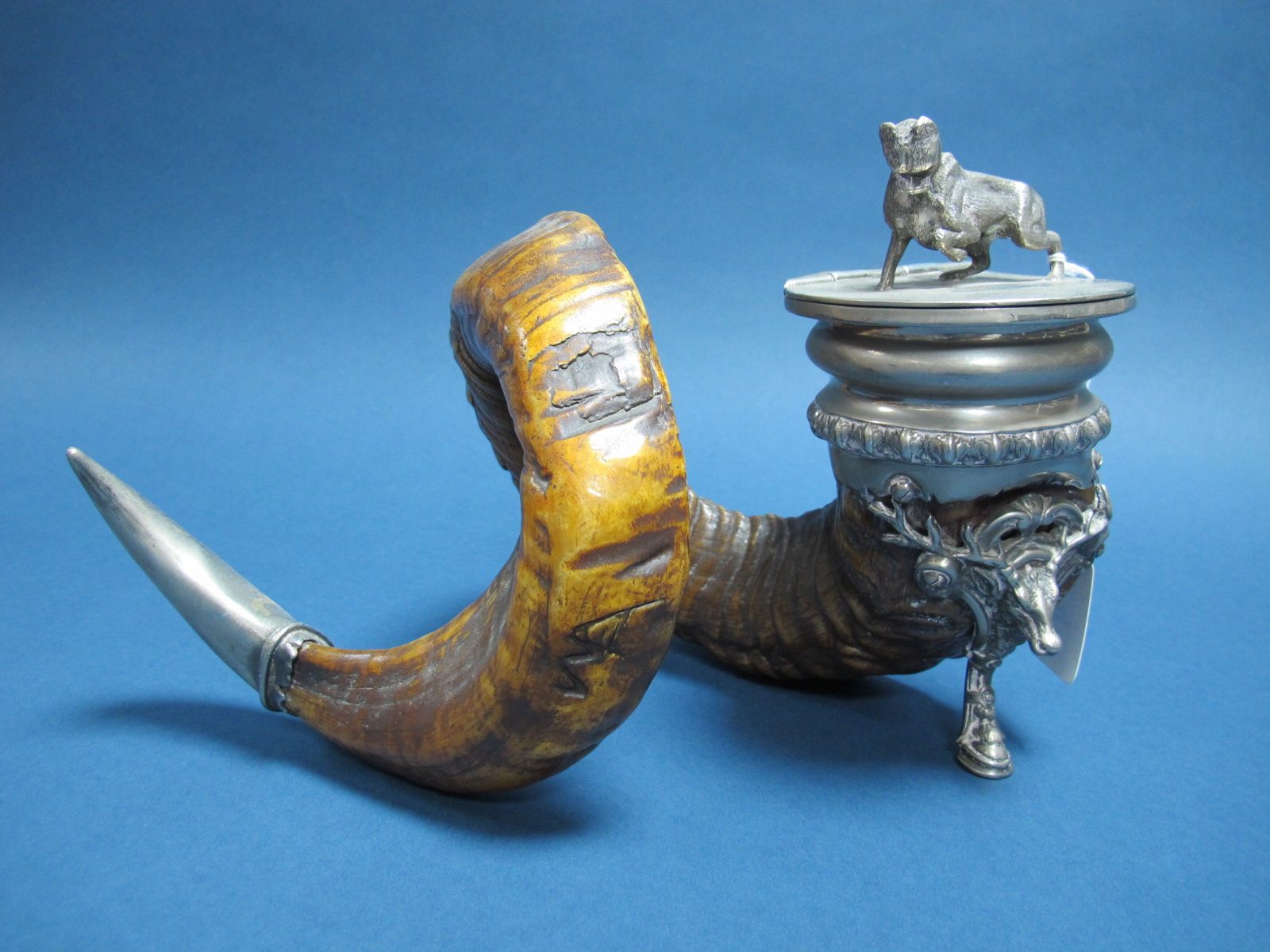 A Walker & Hall Plated Mounted Ram's Horn Snuff Mull, overall height 18cms.