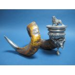 A Walker & Hall Plated Mounted Ram's Horn Snuff Mull, overall height 18cms.