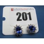 A Pair of Modern Tanzanite and Diamond Cluster Earstuds, each oval tanzanite four claw set, within