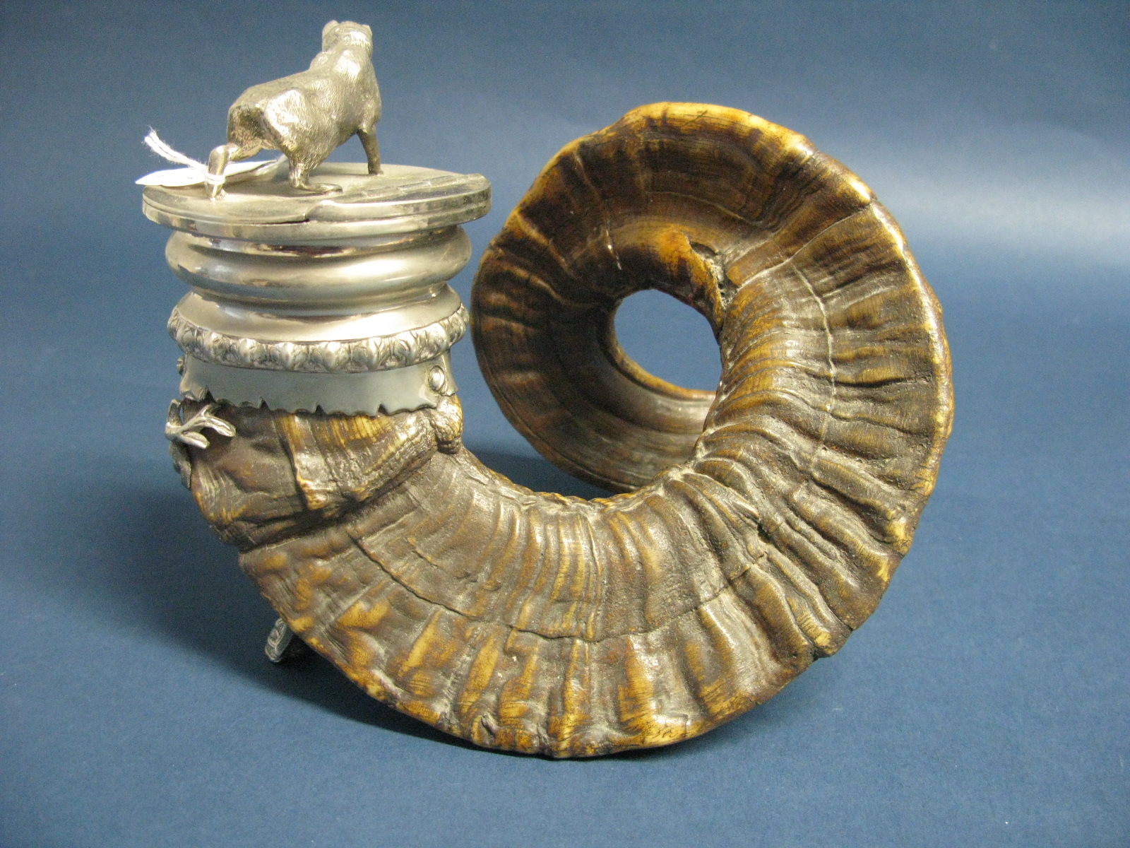 A Walker & Hall Plated Mounted Ram's Horn Snuff Mull, overall height 18cms. - Image 11 of 12