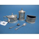 A Hallmarked Silver Three Piece Cruet Set, K.M.S, Birmingham 1998, each of plain oval form, with