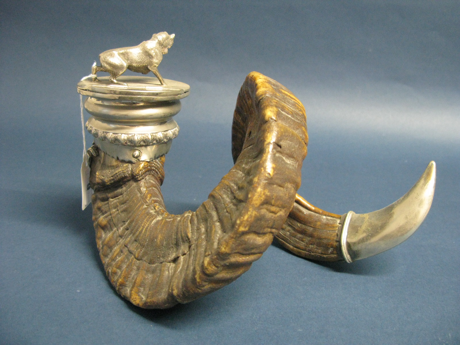 A Walker & Hall Plated Mounted Ram's Horn Snuff Mull, overall height 18cms. - Image 10 of 12