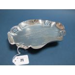 A Hallmarked Silver Dish, EV, Sheffield 1937, of shaped design, with pierced detail, engraved "