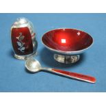 Volmer Bahner; A Danish Enamel Pepperette and Salt, each highlighted in dark red enamel, stamped "