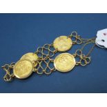 A 9ct Gold Fancy Link Bracelet, of openwork design, loose set with four Elizabeth II Sovereigns, all