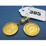 A Pair of George V Half Sovereign Earrings, 1914, 1915, each loose set.