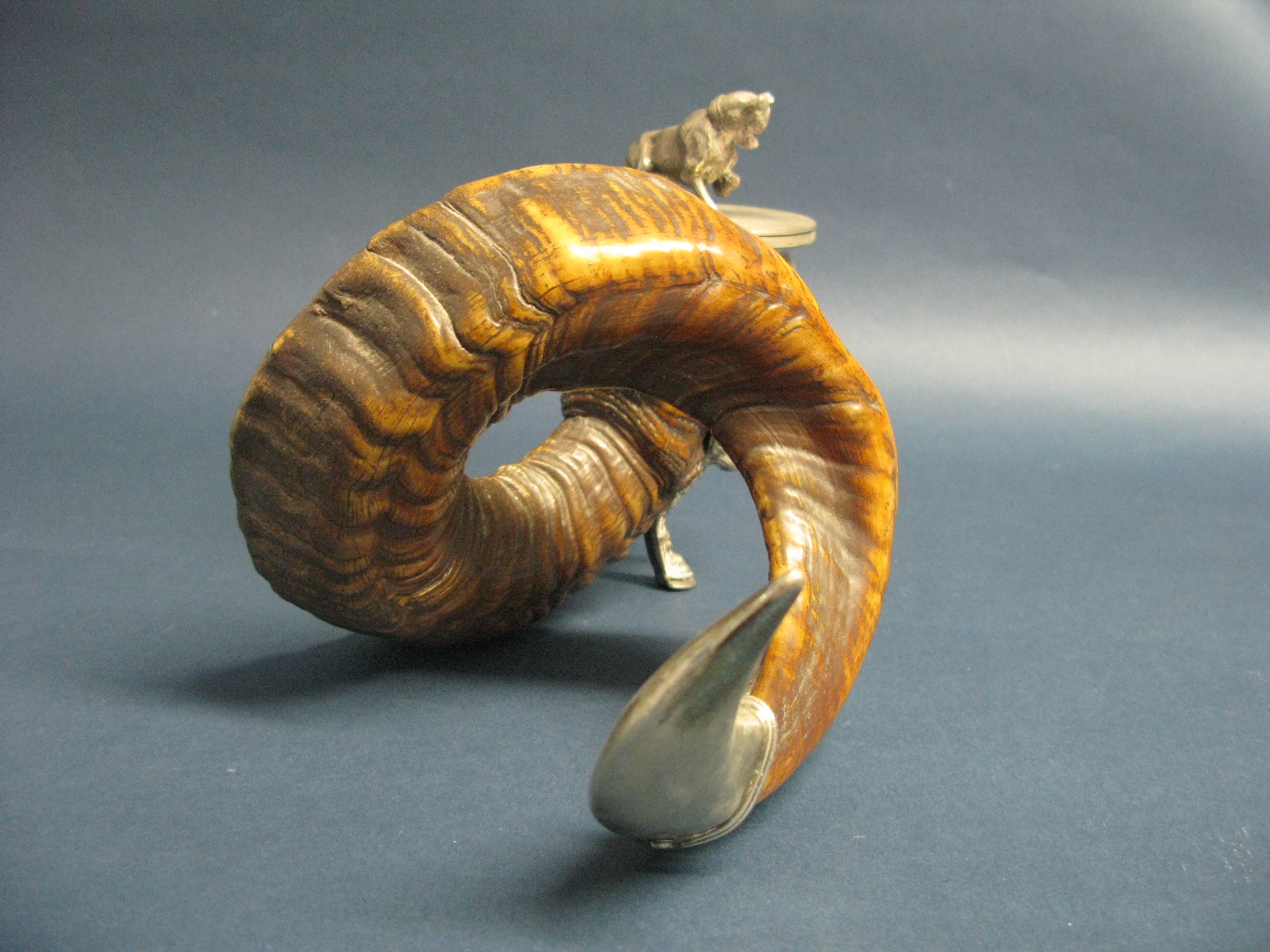 A Walker & Hall Plated Mounted Ram's Horn Snuff Mull, overall height 18cms. - Image 9 of 12