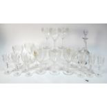 A Suite of Mid XX Century Webb Glassware, all etched with fruiting vines, the part fluted bowls