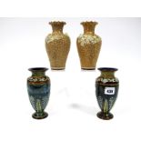 A Pair of Doulton Lambeth Stoneware Vases, of tapered form with outcurved necks, decorated in shades