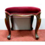 A XIX Century Walnut Stool, with upholstered seat, on cabriole legs, 43cm high, 45cm wide.