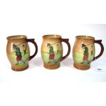 A Set of Three 1930's Royal Doulton Pottery Tankards, moulded and painted with Crombie style golfers