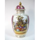 An Early XX Century Dresden Vase and Cover, of ovoid form, decorated and overpainted with