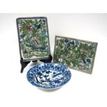 A Pair of Persian Pottery Tiles, of rectangular form, painted in shades of mainly green, pink and