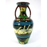 A Foley 'Intarsio' Ware Pottery Vase, of two handled ovoid form, painted with a frieze of geese