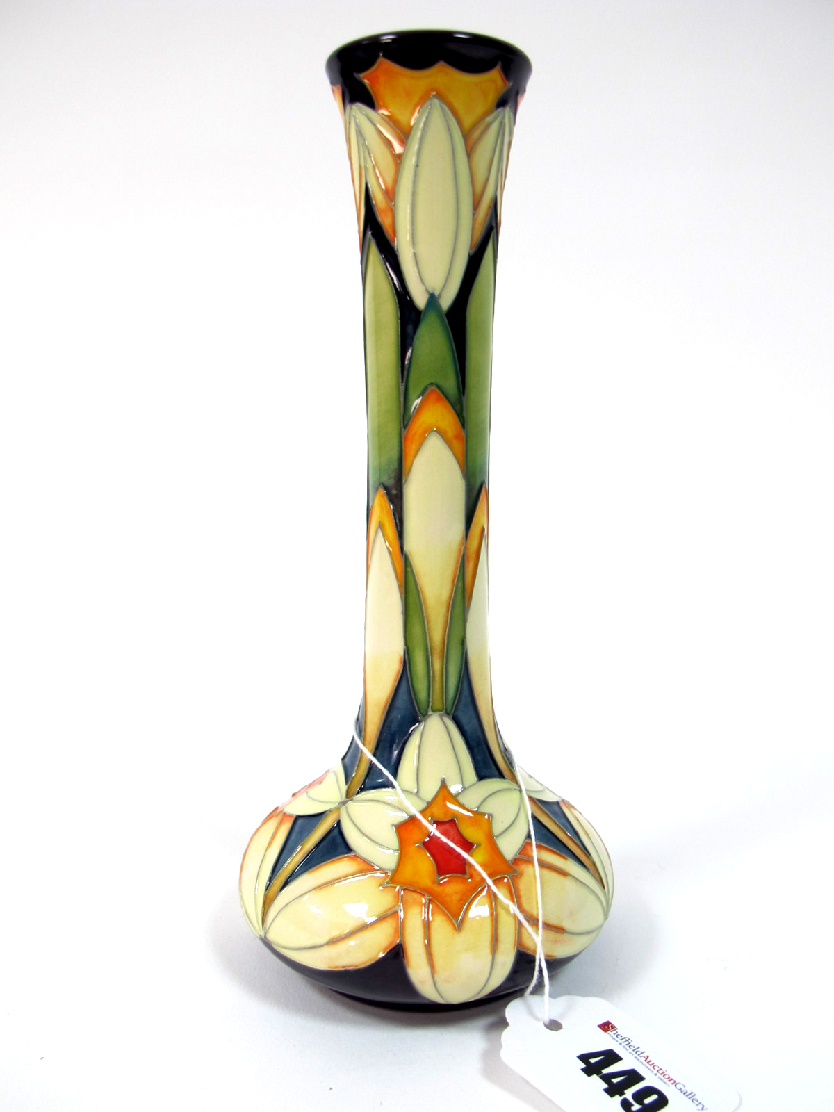 A Modern Moorcroft Pottery Vase, of bulbous form with elongated neck, painted in the 'Trial' China