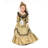 A Mid XIX Century Doll, a wax face and shoulder fashion doll, with glass eyes, blonde styled wig,