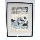 A Late XIX Century Japanese Woodcut Print, the seated lady holding a scroll beside branches and a