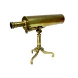 A XIX Century Brass Reflector Telescope, the barrel with side adjuster, detachable end cover, tripod