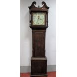 An XVIII Century Oak and Mahogany Thirty-Hour Longcase Clock, the white dial painted with batwing